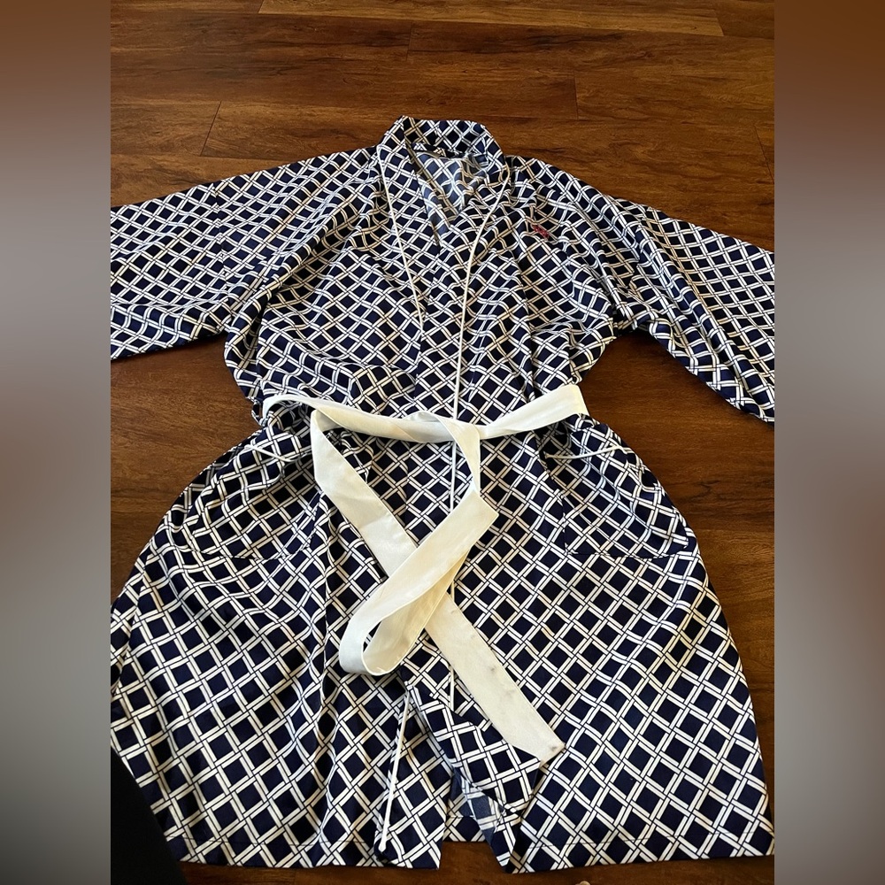 Mark & Graham checkered print blue white kimono robe quarter sleeve monogram XL